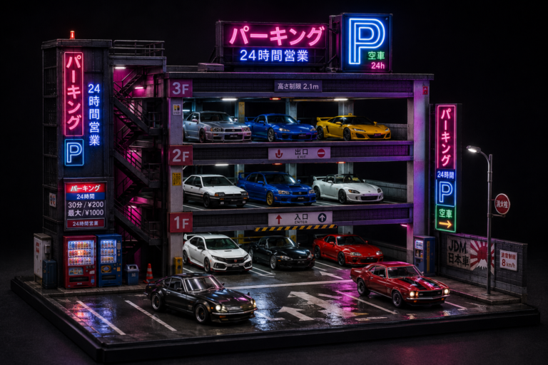 Diorama con luces neón estacionamiento Tokio Hot Wheels
